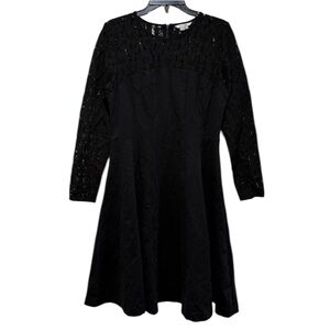 Boden Selena Ponte Jersey Knit Fit & Flare Dress 10R Black Floral Lace Staple